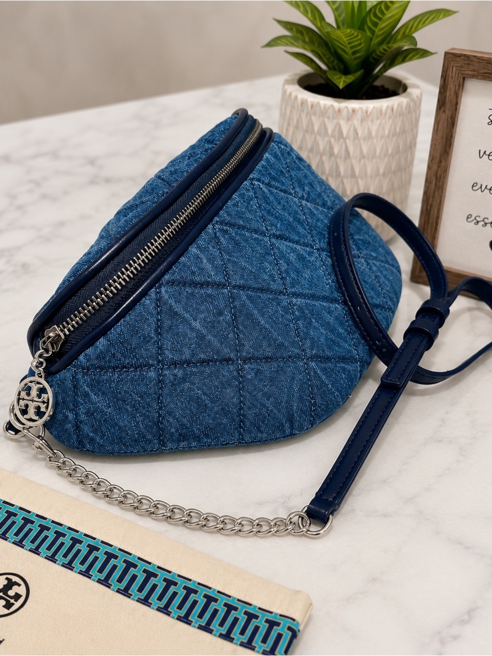 Tory Burch Quilted Denim Crossbody in Navy with Silver Hardware